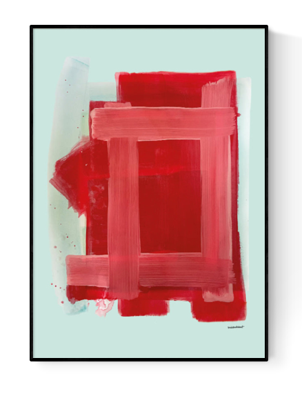 Abstract red geometric painting with bold brushstrokes on a pale blue background – Rda by Sara Stribrant, 30 x 40 cm Scandinavian art print made in Sweden.
