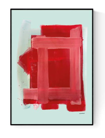 Abstract red geometric painting with bold brushstrokes on a pale blue background – Rda by Sara Stribrant, 30 x 40 cm Scandinavian art print made in Sweden.