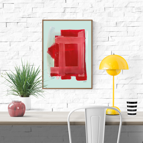 Abstract red geometric painting with bold brushstrokes on a pale blue background – Rda by Sara Stribrant, 30 x 40 cm Scandinavian art print made in Sweden.