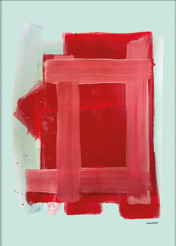 Abstract red geometric painting with bold brushstrokes on a pale blue background – Rda by Sara Stribrant, 30 x 40 cm Scandinavian art print made in Sweden.