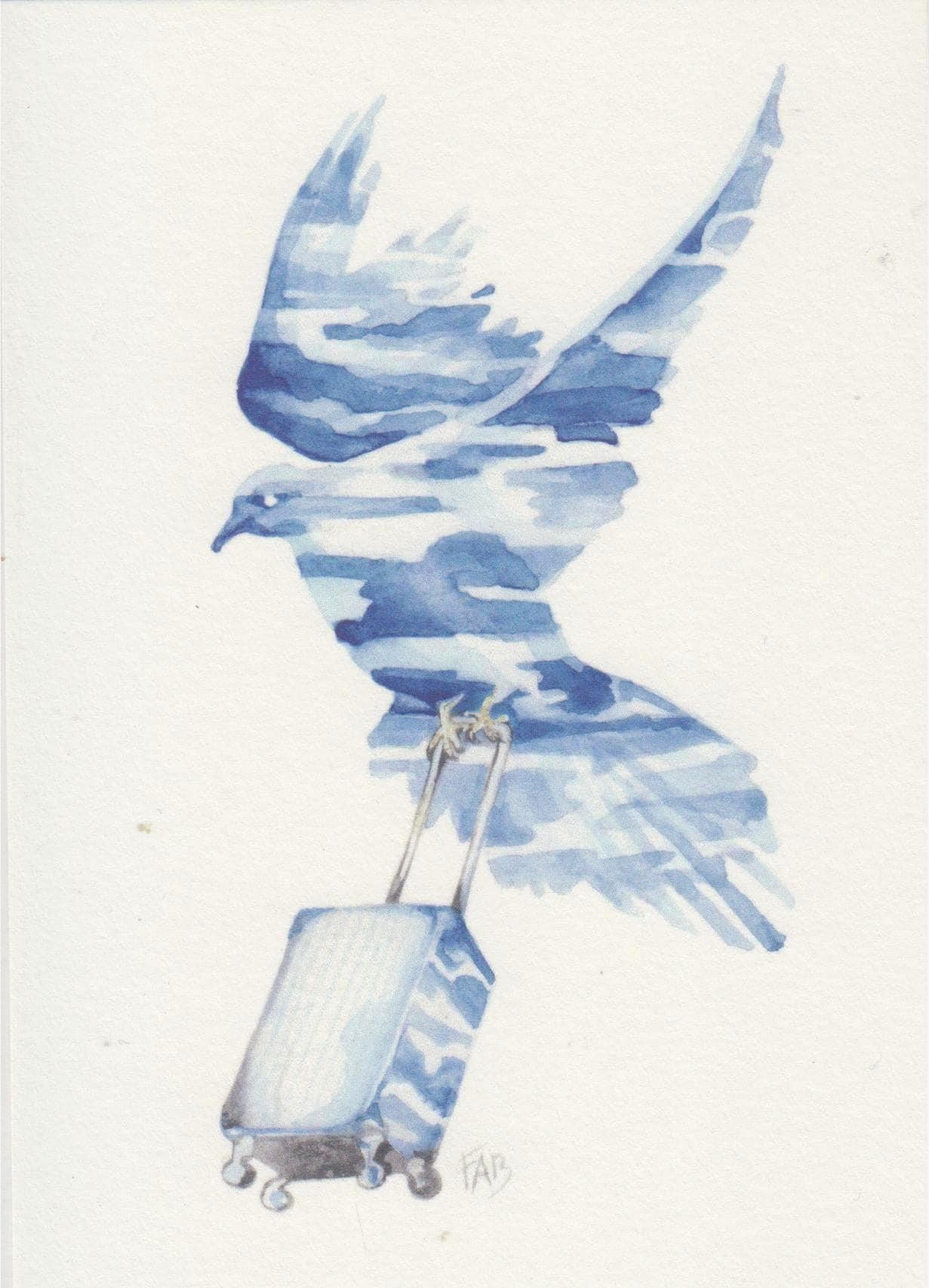In Transit art card by Belgian artist FAB, A6 size (10.5 x 14.8 cm) printed on 300g Munken Pure Rough paper, featuring a blue watercolor bird in flight carrying a rolling suitcase, symbolizing travel and freedom.