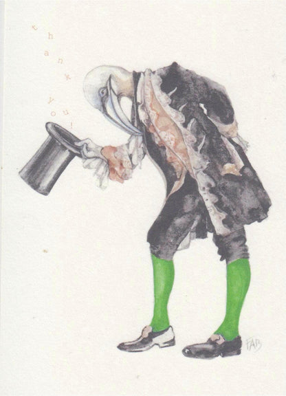 Thank You art card by Belgian artist FAB, A6 size (10.5 x 14.8 cm) printed on 300g Munken Pure Rough paper, featuring a whimsical anthropomorphic bird in vintage clothing bowing with a top hat, painted in soft watercolor tones.