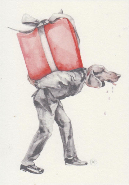 For You art card by Belgian artist FAB, A6 size (10.5 x 14.8 cm) printed on 300g Munken Pure Rough paper, featuring a surreal anthropomorphic figure with a dog’s head carrying a large red gift box, painted in watercolor with humorous and whimsical detail.