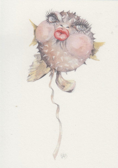 Kiss art card by Belgian illustrator FAB, A6 size (10.5 x 14.8 cm) printed on premium 300g Munken Pure Rough paper, featuring a humorous watercolor pufferfish with long eyelashes and bright red lips, ideal for sending love or as a collectible art postcard.