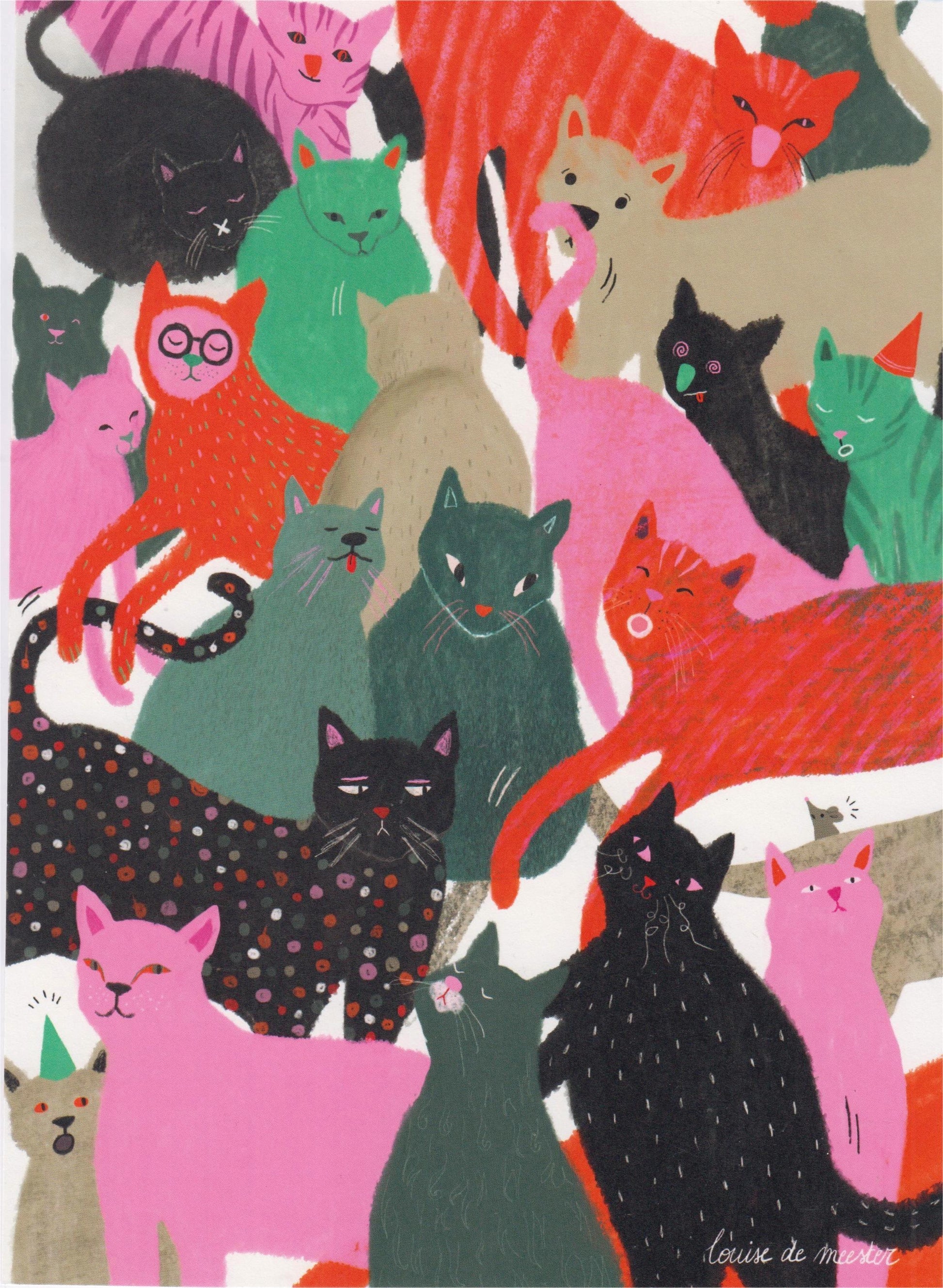 Colorful digital art print "Katten" by Louise de Meester, featuring a lively crowd of whimsical cats in pink, green, black, and red tones. Perfect for cat lovers and playful home decor.