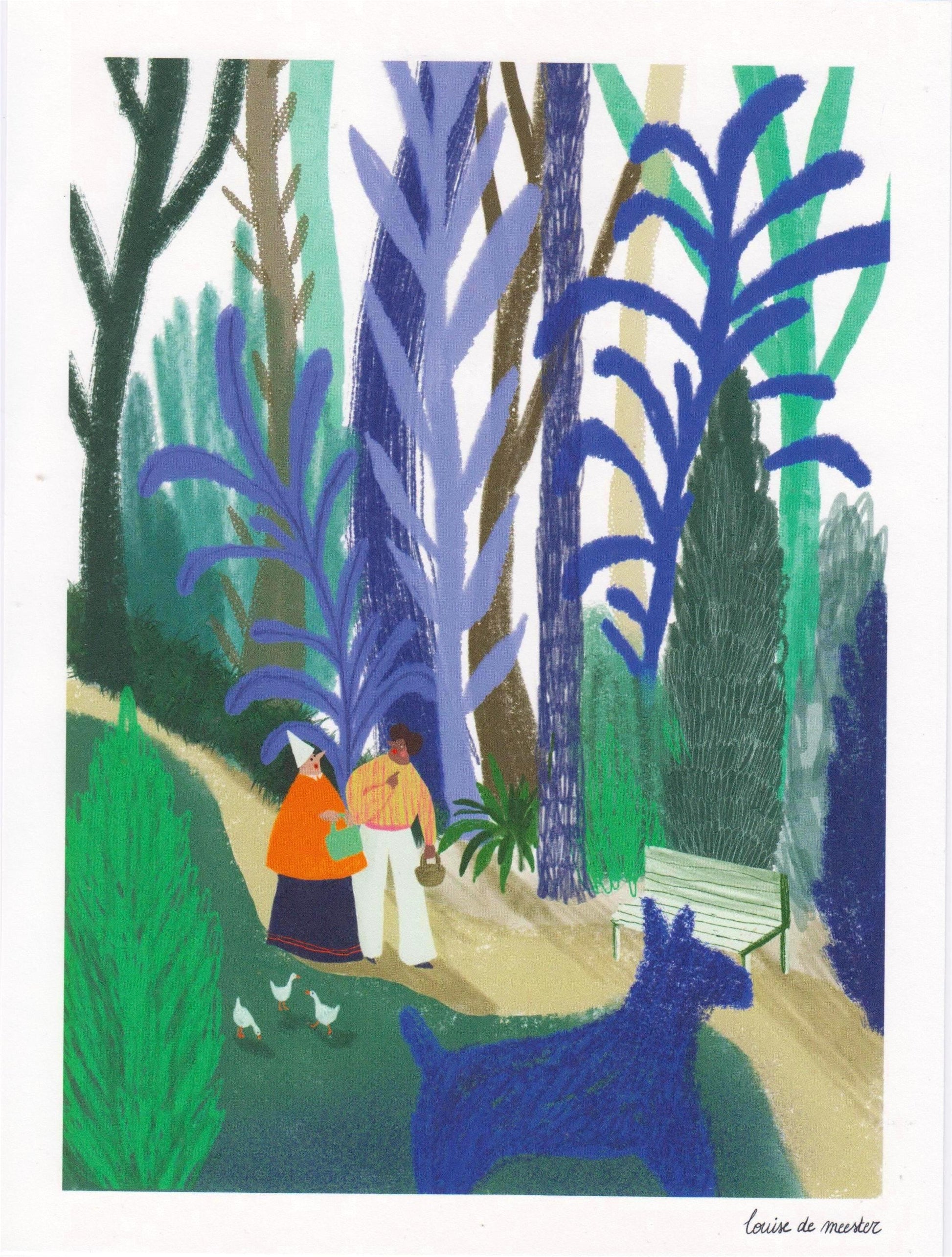 Digital art print "Blauwe Wandeling" by Louise de Meester, featuring two people walking in a lush, colorful park with large blue plants and a playful blue dog. Ideal for whimsical and nature-inspired home decor.