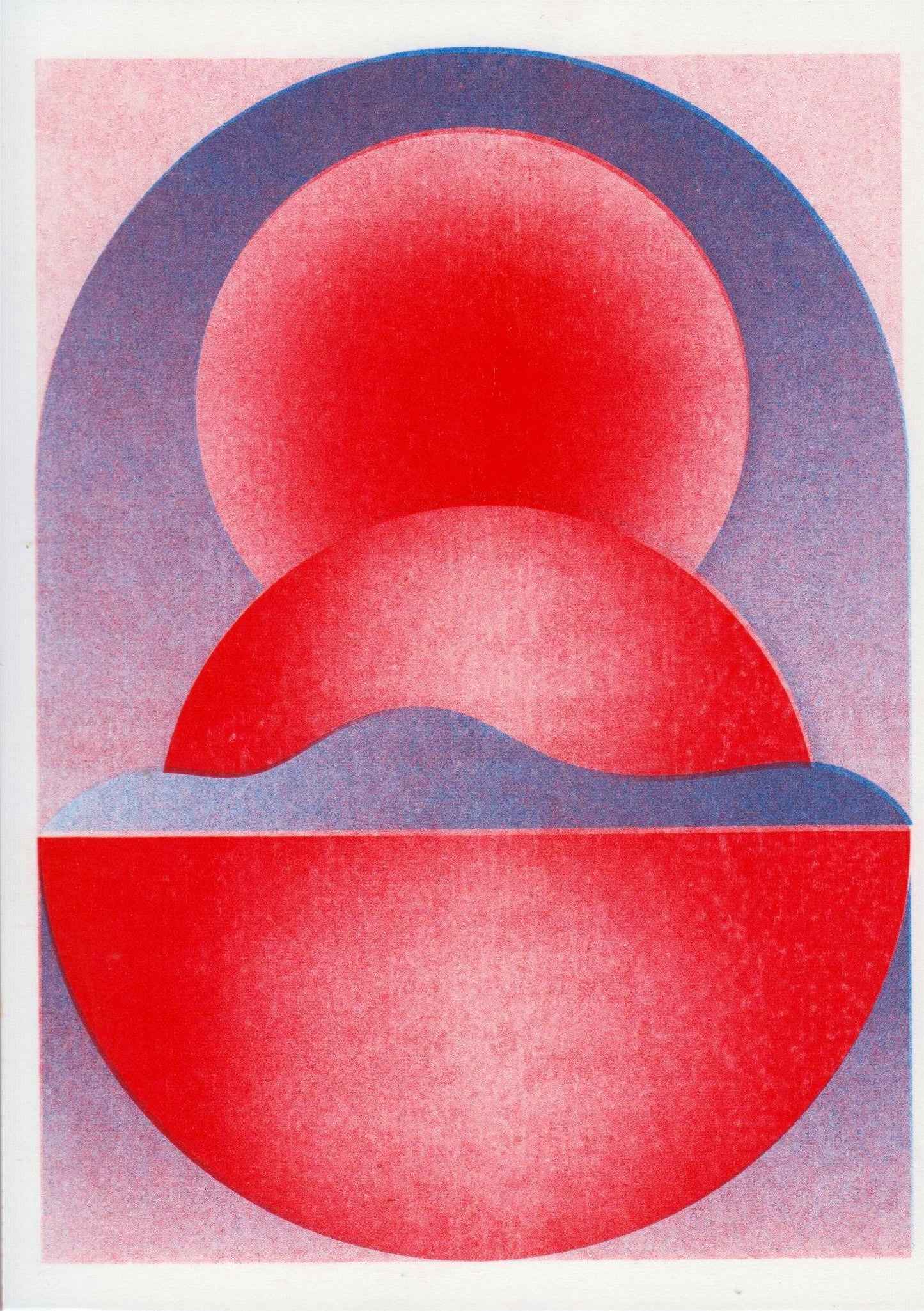 Abstract geometric risograph print by Dutch illustrator PTRVRKD – bold blue and red still life with circular shapes, gradients, and modern minimalist design, printed with eco-friendly soy inks on 250 gsm Biotop paper, handmade in the Netherlands – ideal contemporary wall art for design enthusiasts.