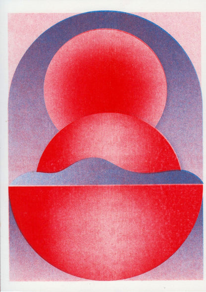 Abstract geometric risograph print by Dutch illustrator PTRVRKD – bold blue and red still life with circular shapes, gradients, and modern minimalist design, printed with eco-friendly soy inks on 250 gsm Biotop paper, handmade in the Netherlands – ideal contemporary wall art for design enthusiasts.