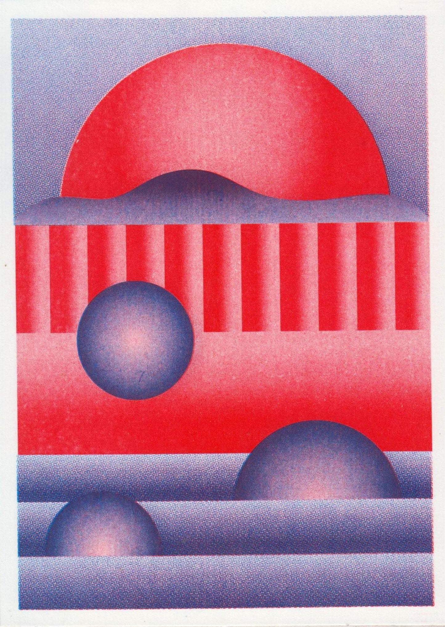 Red and purple geometric risograph print by Dutch illustrator PTRVRKD. Abstract modern art featuring bold circular shapes, vibrant red and purple gradients, and layered lines. Unique, handmade art print on Biotop paper, perfect for modern home or office decoration