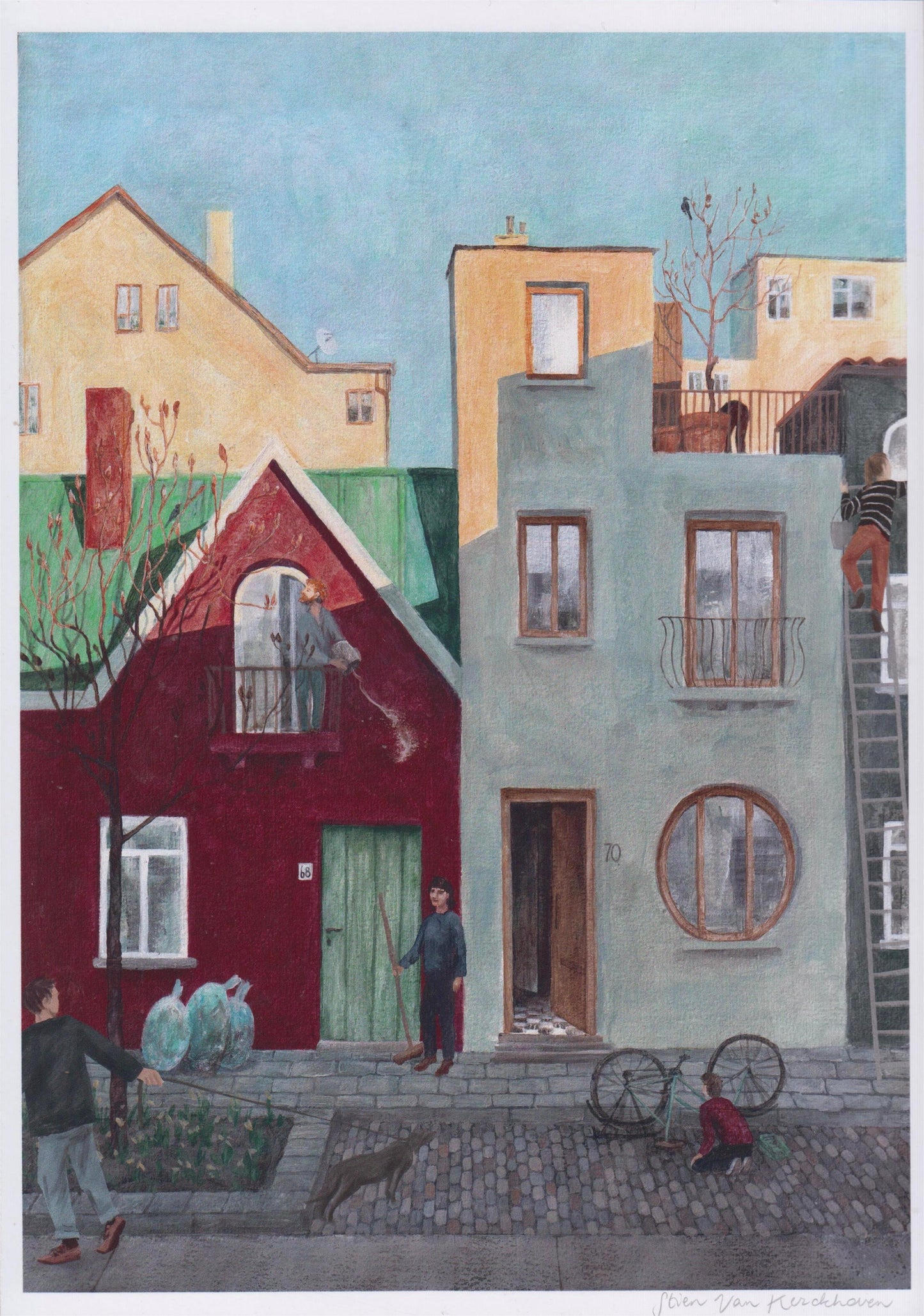 Digital art print by Belgian illustrator Stien Van Kerckhoven showing a peaceful Belgian neighborhood scene with children fixing a bicycle, colorful houses, soft pastel tones, and everyday life moments. A warm, cozy wall art piece sized A4 (21 x 29.7 cm), perfect for home decor lovers seeking charming European illustrations