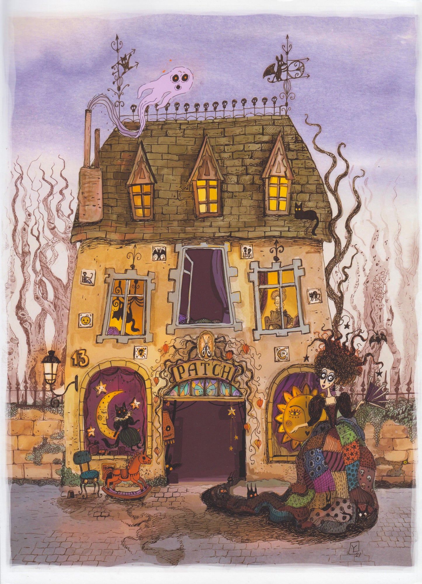 Whimsical folklore-inspired illustration of a magical townhouse filled with cats, ghostly figures, and a patchwork-dressed character. Detailed fantasy giclée print in soft purple, beige, orange, and black tones, vertical wall art for cozy home decor.