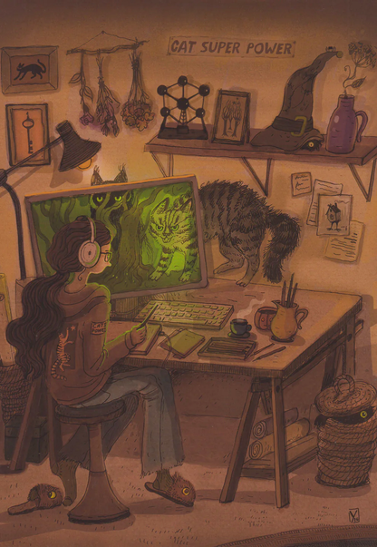 Whimsical Cyber Cats art print by Lena Yampolski featuring a creative workspace, magical cats, computer screen, warm earthy tones, fantasy illustration style, vertical giclée wall art for home office decor.