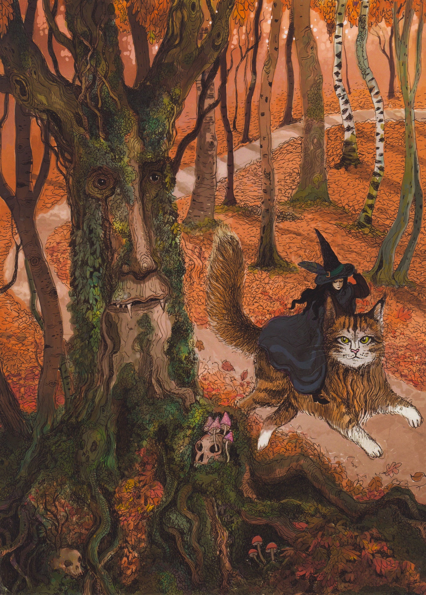 Whimsical autumn forest illustration featuring a witch riding a giant cat beside an ancient tree spirit with a human face, detailed fantasy artwork in warm orange, green, and brown tones, vertical giclée wall art for cosy home decor.