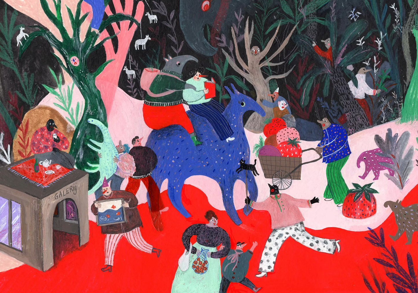 Digital art print "Rode Galerij" by Belgian illustrator Louise de Meester, featuring a bold red-toned scene with whimsical details and layered textures. Ideal for colorful and contemporary home decor.