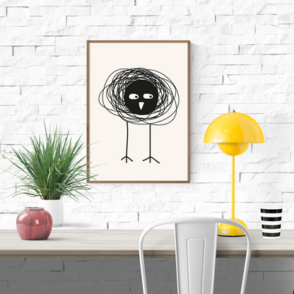 Minimalist black-and-white art print of a quirky little bird made from bold scribbles and simple lines by Silvia Visscher – 30x40 cm modern illustration printed in the Netherlands.