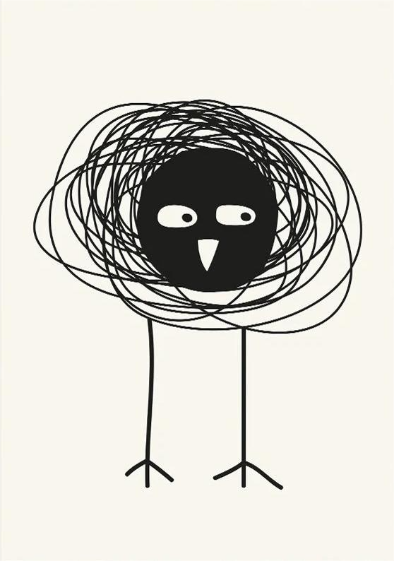 Minimalist black and white bird illustration art print by Silvia Visscher, featuring a bold black bird with scribbled circular lines and thin legs, modern abstract wall art 30 x 40 cm digital print for contemporary home decor.
