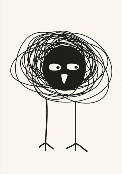 Minimalist black and white bird illustration art print by Silvia Visscher, featuring a bold black bird with scribbled circular lines and thin legs, modern abstract wall art 30 x 40 cm digital print for contemporary home decor.