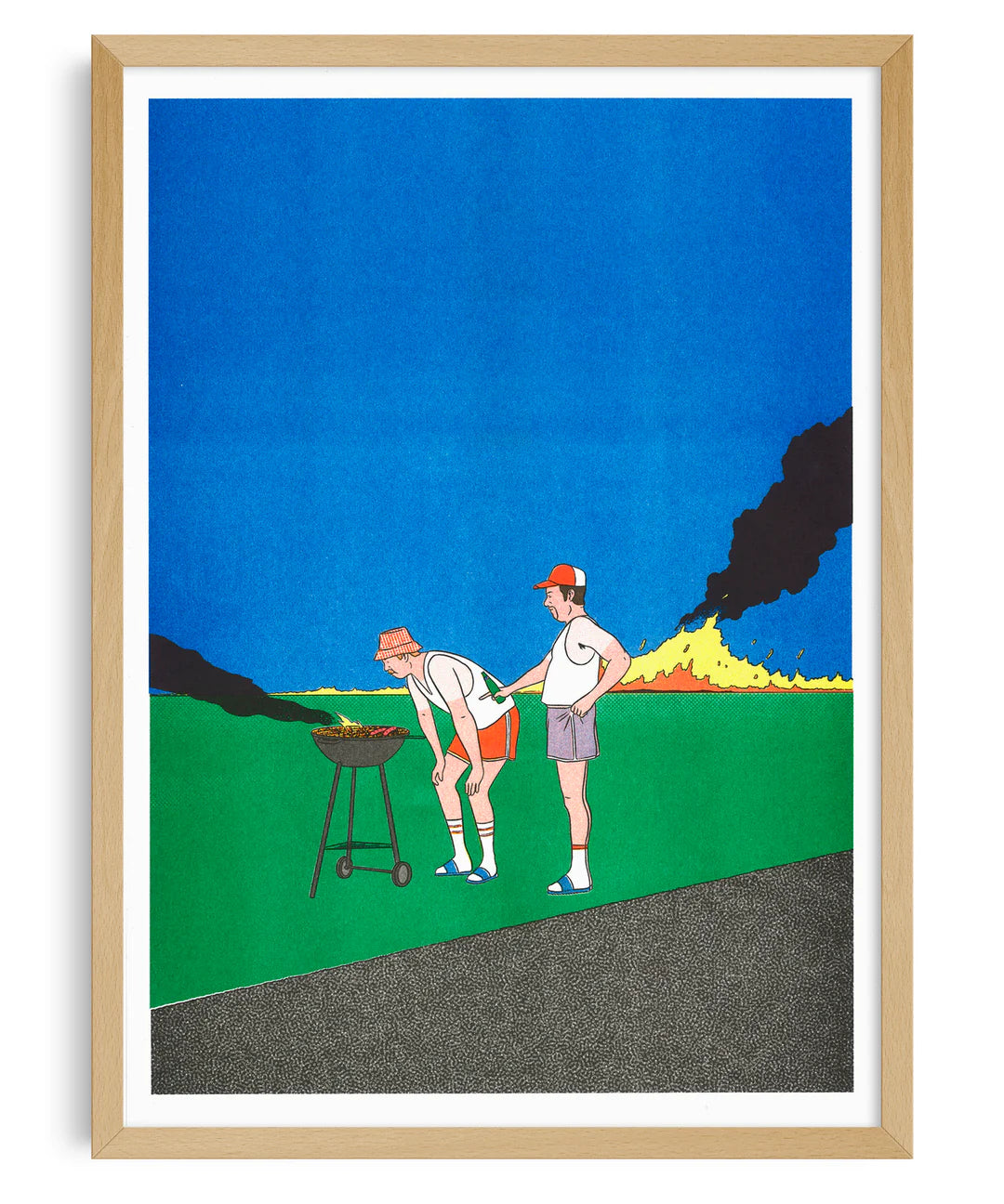 Barbeuc by Simon Bailly risograph print – two men at a barbecue with smoke and fire in a vivid blue and green landscape. A playful, colorful French illustration mixing humor, everyday life, and comic-style minimalism. Perfect contemporary wall art for design lovers.