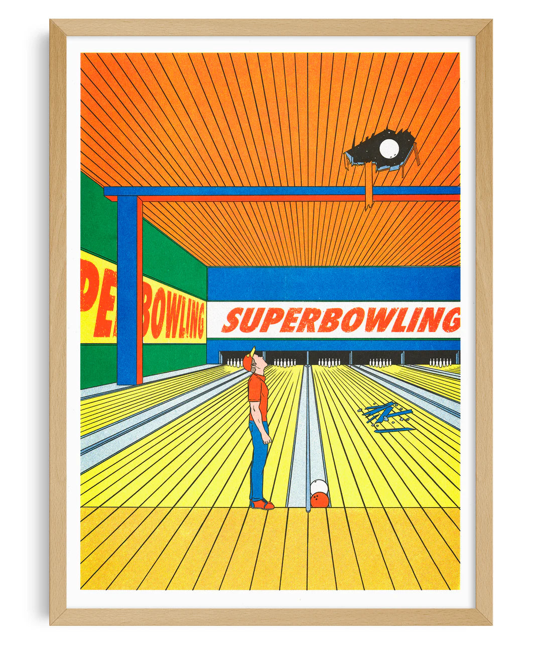 Risograph art print titled Super Bowling by French illustrator Simon Bailly, showing a man in a bowling alley looking up as a bowling ball crashes through the ceiling. The scene is drawn in a bold comic style with vivid orange, blue, and yellow colors, capturing humor and everyday absurdity in a clean, graphic composition.