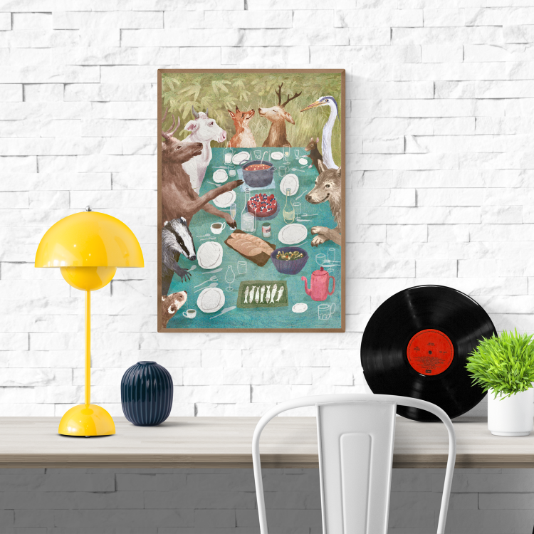 Bosfeest art print by Stien van Kerckhoven featuring a joyful forest feast with animals dining together around a blue table in a woodland setting — wolf, deer, fox, heron, and badger sharing food, wine, and laughter. Warm, whimsical giclée illustration celebrating friendship and nature.