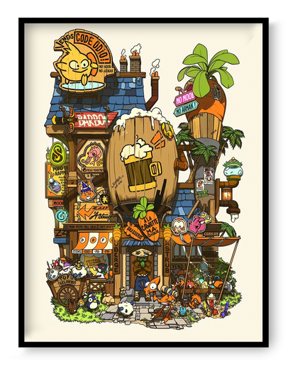 Colorful fantasy storefront illustration featuring 83 hidden references to anime, manga, video games, and Japanese pop culture by Paiheme Studio detailed wall art print