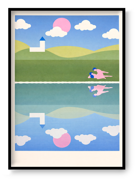 Risograph art print titled A peaceful town by Studio Stoutpoep, featuring a surreal countryside scene with rolling hills, a white church, and two nude figures in an intimate moment near a reflective lake. A2 size print in soft pastel colors, printed in Belgium with soy-based inks.