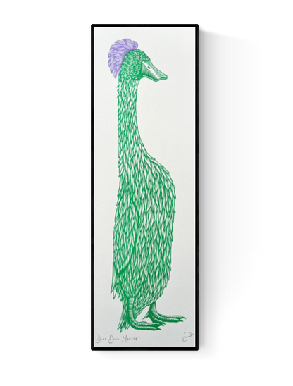 Whimsical art print titled “Duck Duck Mousse” by Strangford – stylized green duck with exaggerated feathers and a purple crest, perfect for quirky and playful wall art decor, available at Galerie Frits