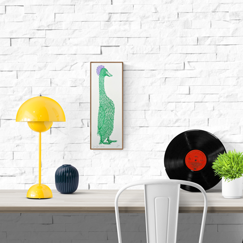 Whimsical art print titled “Duck Duck Mousse” by Strangford – stylized green duck with exaggerated feathers and a purple crest, perfect for quirky and playful wall art decor, available at Galerie Frits