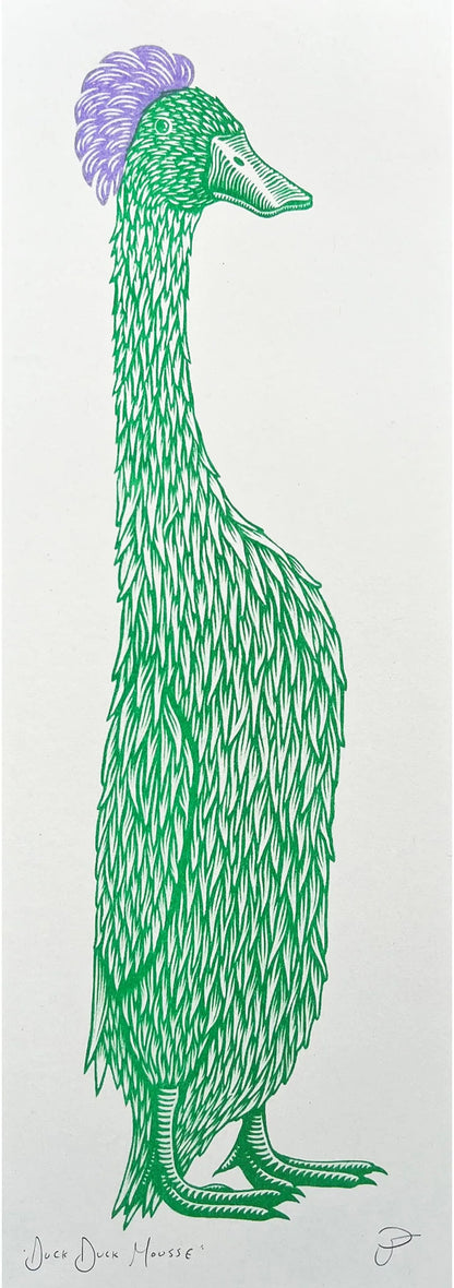 Whimsical art print titled “Duck Duck Mousse” by Strangford – stylized green duck with exaggerated feathers and a purple crest, perfect for quirky and playful wall art decor, available at Galerie Frits