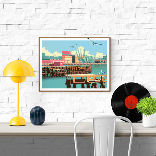 Colorful cityscape illustration by Studio Frits titled 'Antwerp Northcastle,' featuring the industrial harbor of Antwerp with cranes, docks, and seagulls under a bright blue sky. Rendered in a bold, graphic style with retro tones, this print captures the urban charm and maritime identity of Belgium’s iconic port city—perfect for modern interiors and city art lovers