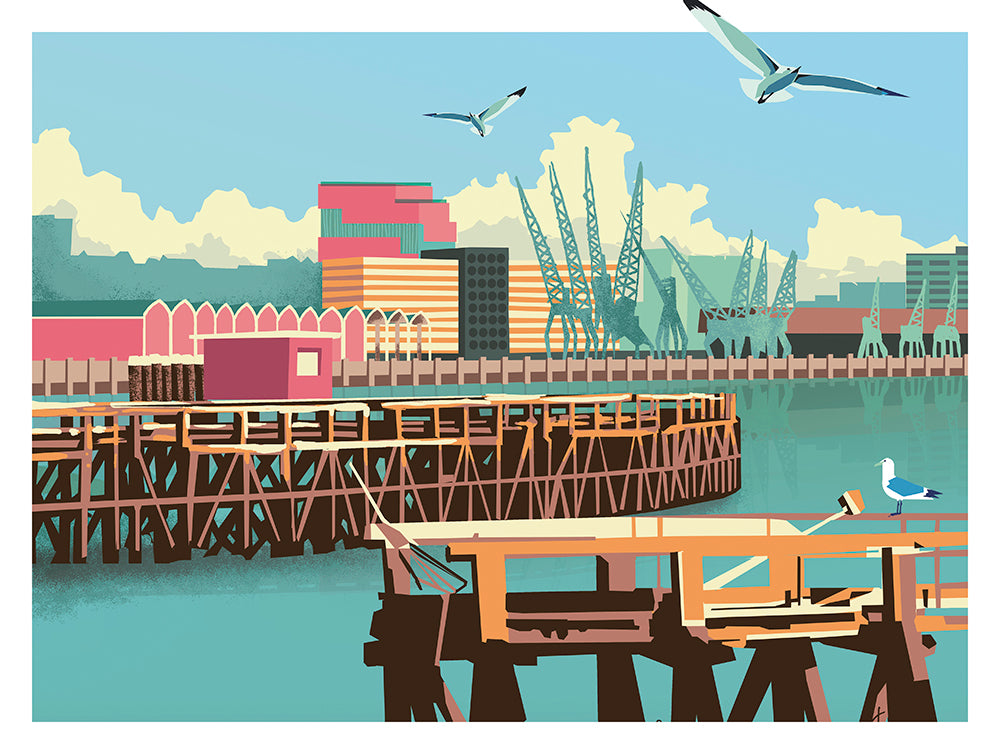 Colorful cityscape illustration by Studio Frits titled 'Antwerp Northcastle,' featuring the industrial harbor of Antwerp with cranes, docks, and seagulls under a bright blue sky. Rendered in a bold, graphic style with retro tones, this print captures the urban charm and maritime identity of Belgium’s iconic port city—perfect for modern interiors and city art lovers