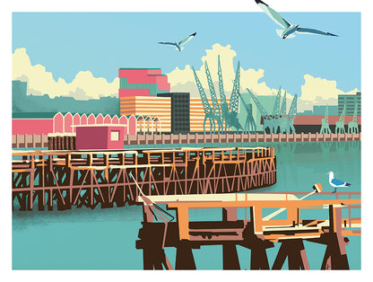 Colorful cityscape illustration by Studio Frits titled 'Antwerp Northcastle,' featuring the industrial harbor of Antwerp with cranes, docks, and seagulls under a bright blue sky. Rendered in a bold, graphic style with retro tones, this print captures the urban charm and maritime identity of Belgium’s iconic port city—perfect for modern interiors and city art lovers