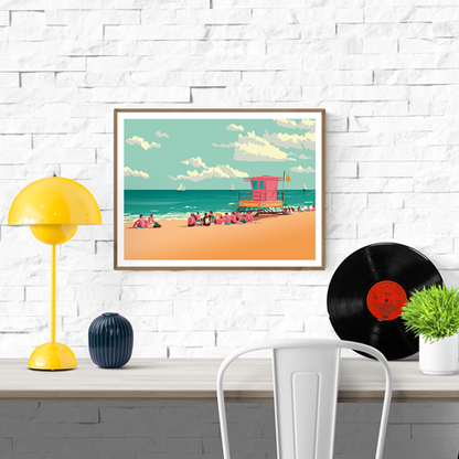 Vibrant coastal illustration by Studio Frits titled 'Barcelona La Barceloneta,' depicting a sunny beach scene with groups of people relaxing on the sand near a bright pink lifeguard tower labeled 'Salvament.' Sailboats glide across the turquoise sea under a sky filled with soft clouds, capturing the lively charm of Barcelona’s iconic seaside—perfect for summer lovers, travelers, and fans of bold, modern art.