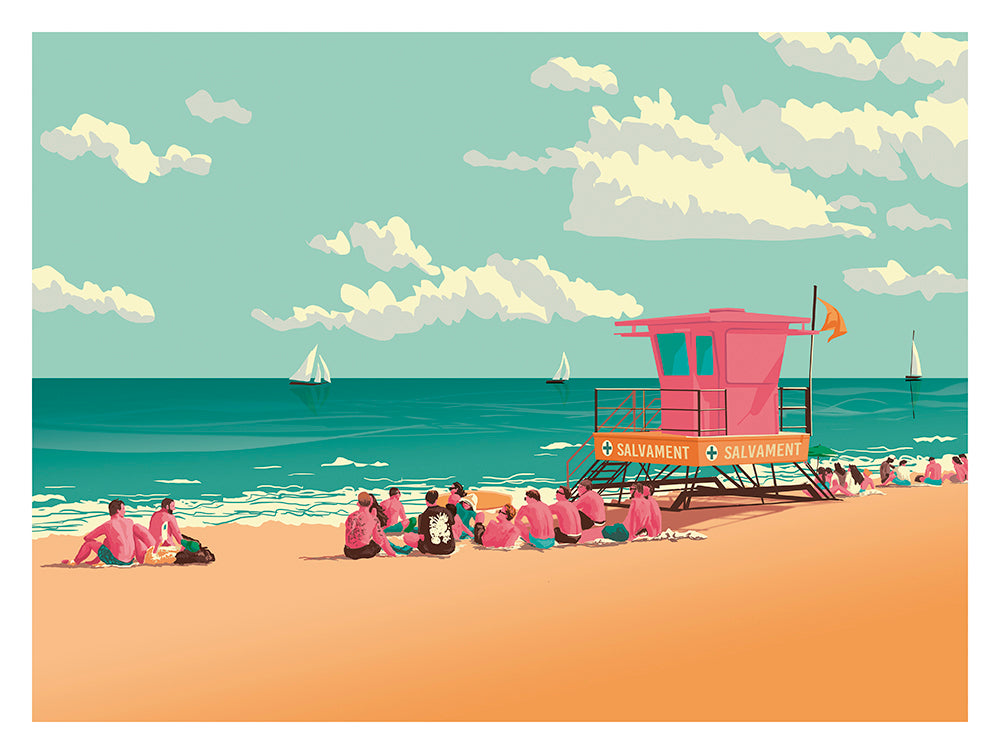 Vibrant coastal illustration by Studio Frits titled 'Barcelona La Barceloneta,' depicting a sunny beach scene with groups of people relaxing on the sand near a bright pink lifeguard tower labeled 'Salvament.' Sailboats glide across the turquoise sea under a sky filled with soft clouds, capturing the lively charm of Barcelona’s iconic seaside—perfect for summer lovers, travelers, and fans of bold, modern art.