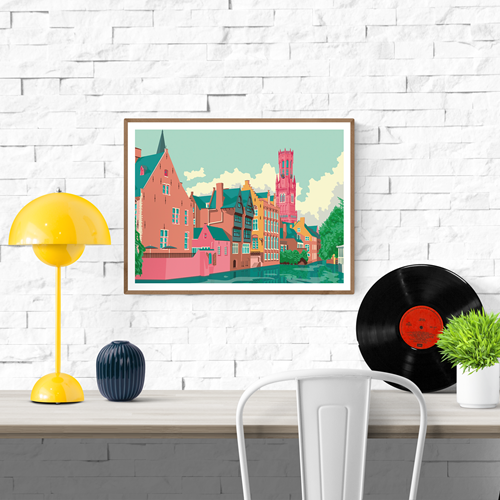 Bruges Rozenhoedkaai art print by Studio Frits – colorful modern illustration of historic buildings and canal in Bruges, Belgium, featuring vibrant architecture and the iconic Belfry tower, perfect for travel lovers and European cityscape wall decor, available at Galerie Frits