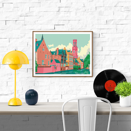 Bruges Rozenhoedkaai art print by Studio Frits – colorful modern illustration of historic buildings and canal in Bruges, Belgium, featuring vibrant architecture and the iconic Belfry tower, perfect for travel lovers and European cityscape wall decor, available at Galerie Frits