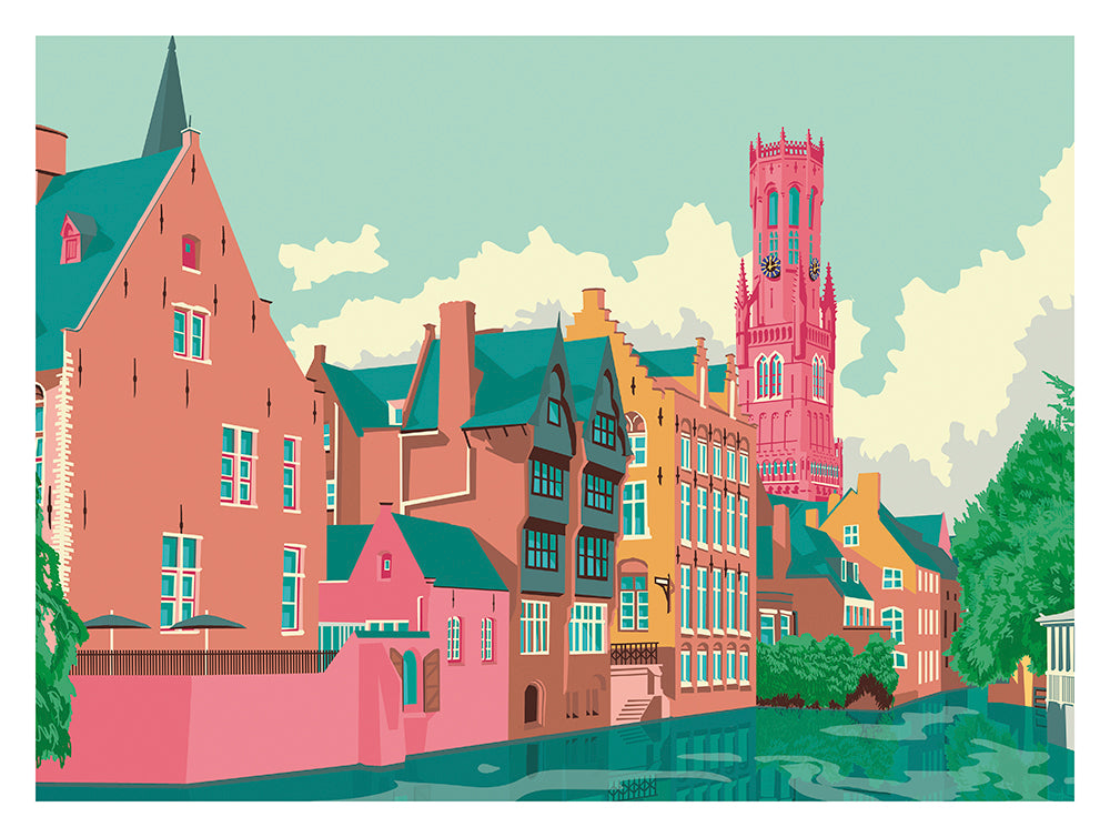 Bruges Rozenhoedkaai art print by Studio Frits – colorful modern illustration of historic buildings and canal in Bruges, Belgium, featuring vibrant architecture and the iconic Belfry tower, perfect for travel lovers and European cityscape wall decor, available at Galerie Frits