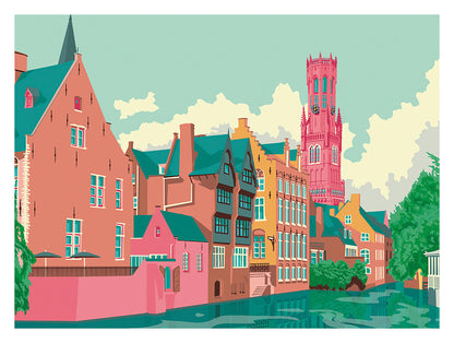 Bruges Rozenhoedkaai art print by Studio Frits – colorful modern illustration of historic buildings and canal in Bruges, Belgium, featuring vibrant architecture and the iconic Belfry tower, perfect for travel lovers and European cityscape wall decor, available at Galerie Frits