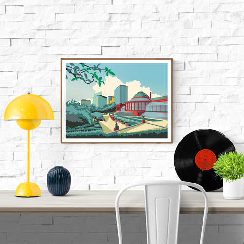 Brussels Botanique art print by Studio Frits – colorful illustration of the iconic botanical garden and greenhouse in Brussels, Belgium, blending lush greenery with modern architecture, perfect wall decor for nature and travel enthusiasts, available at Galerie Frits