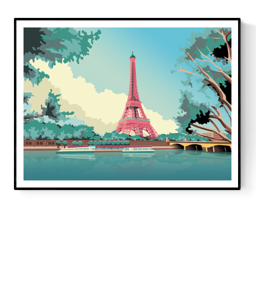 Illustration of the Eiffel Tower in pastel tones, surrounded by trees and the Seine river with boats – Paris Eiffel tower by Studio Frits, 30 x 40 cm art print made in Belgium.