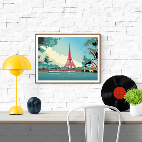 Illustration of the Eiffel Tower in pastel tones, surrounded by trees and the Seine river with boats – Paris Eiffel tower by Studio Frits, 30 x 40 cm art print made in Belgium.