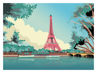 Illustration of the Eiffel Tower in pastel tones, surrounded by trees and the Seine river with boats – Paris Eiffel tower by Studio Frits, 30 x 40 cm art print made in Belgium.