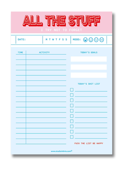 Funny and colorful A5 notepad with bold red and pink lettering, including to-do lists, goals, mood tracker and humorous sections like "Today’s Shit List" – designed by Dutch brand Studio Inktvis and printed in the Netherlands.