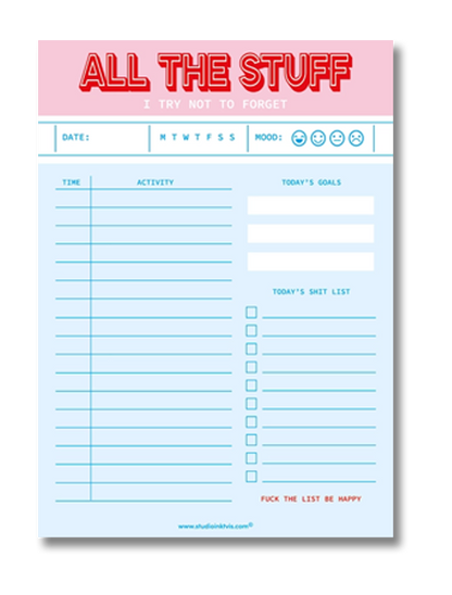 Funny and colorful A5 notepad with bold red and pink lettering, including to-do lists, goals, mood tracker and humorous sections like "Today’s Shit List" – designed by Dutch brand Studio Inktvis and printed in the Netherlands.