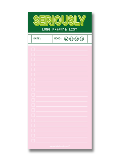 Funny pink and green notepad titled “Seriously Long F#@*%& List” by Studio Inktvis, perfect for extra-long to-do lists, printed in the Netherlands with 50 colorful pages for staying organized with style.