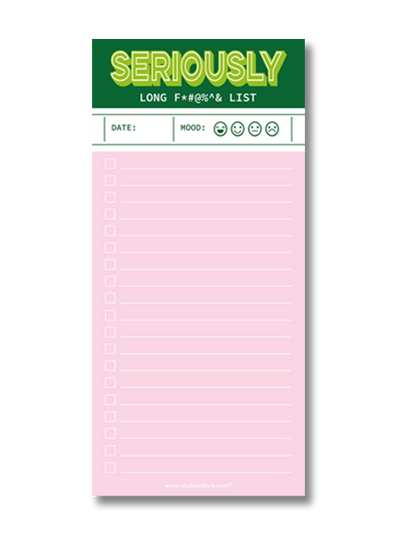 Funny pink and green notepad titled “Seriously Long F#@*%& List” by Studio Inktvis, perfect for extra-long to-do lists, printed in the Netherlands with 50 colorful pages for staying organized with style.