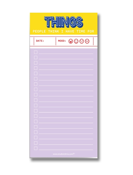Funny purple and yellow to-do notepad titled “Things People Think I Have Time For” by Studio Inktvis, printed in the Netherlands with 50 lined pages for humorous task planning.