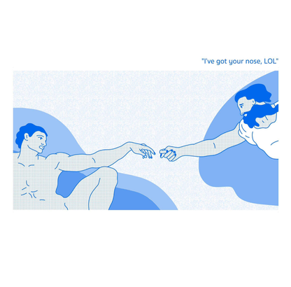 Humorous art print parodying Michelangelo’s Creation of Adam, with God holding Adam’s nose and the text “I’ve got your nose, LOL” – risograph A3 print by Studio Stoutpoep, Belgium.