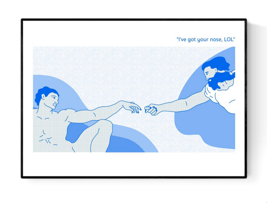 Humorous art print parodying Michelangelo’s Creation of Adam, with God holding Adam’s nose and the text “I’ve got your nose, LOL” – risograph A3 print by Studio Stoutpoep, Belgium.