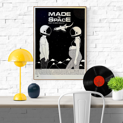 Illustration titled "Made in Space" by Studio Stoutpoep showing a pregnant woman and a man in astronaut helmets facing each other under a space shuttle, with a dark sky and mountain background – 50 x 70 cm screenprint artwork printed in Belgium.